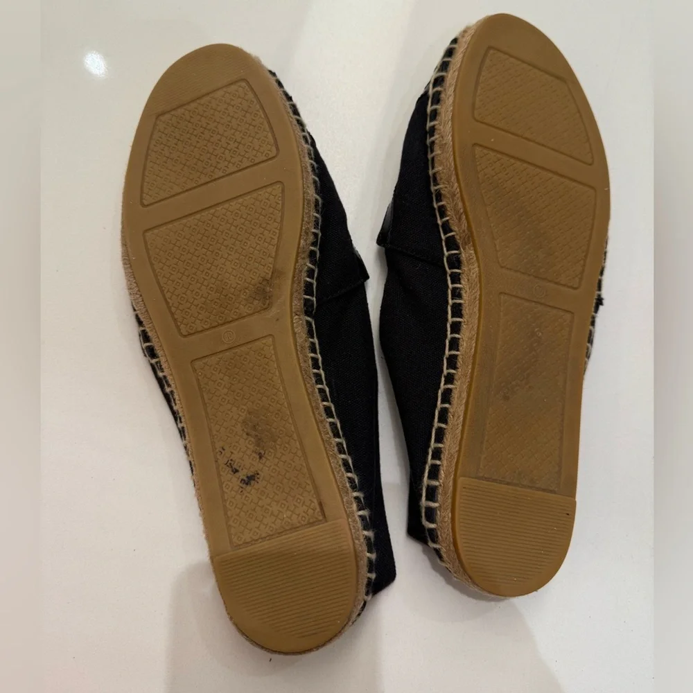 Tory Burch Poppy Espadrille Flats Black Canvas Patent Leather‎ Logo 10M